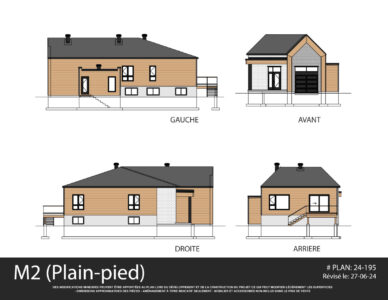 Plans des élévations du modèle de bungalow M2 - maison neuve à Mirabel St-Augustin