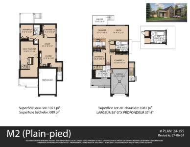 Plans de plancher du modèle de bungalow M2 - maison neuve à Mirabel St-Augustin